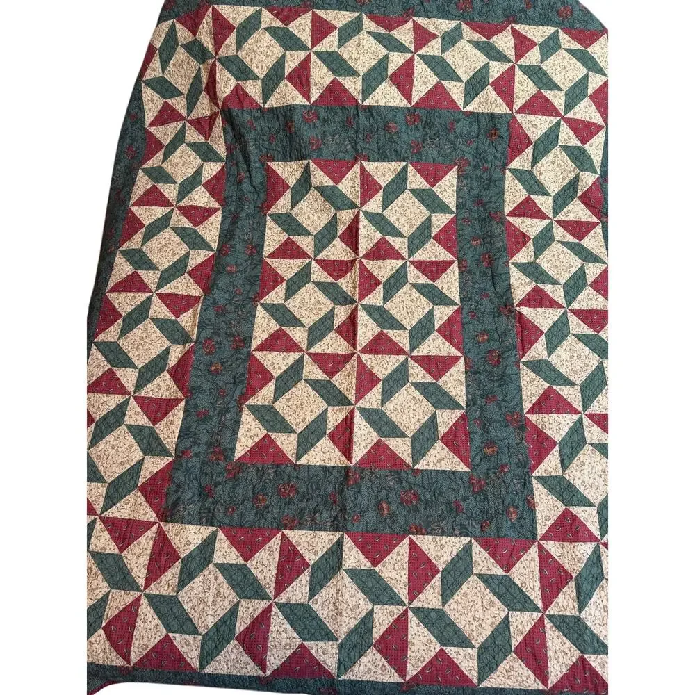 Handmade Quilt Vintage Cottage Farmhouse Cabin Fall Florals Red Green Pinwheels